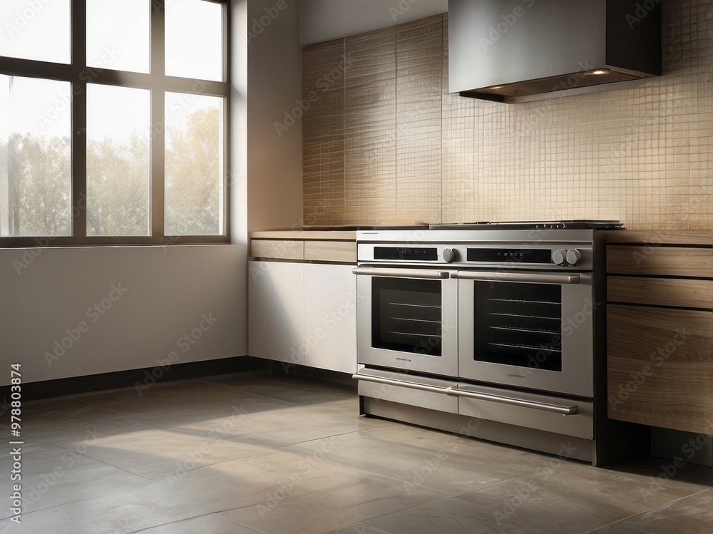 Fototapeta premium Modern Kitchen with Stainless Steel Range and Hood