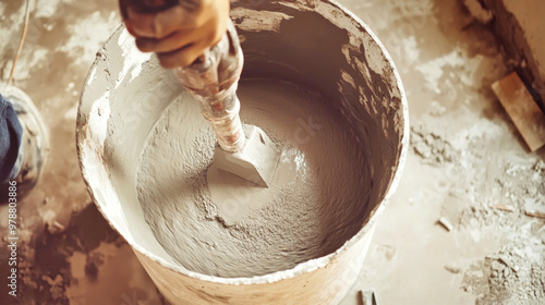 Wallpaper Mural A worker skillfully blends water and white cement to create a self-leveling mixture, preparing for construction duties in a rustic indoor setting Torontodigital.ca