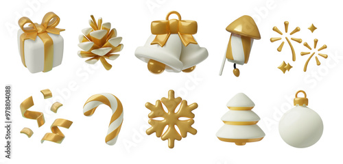 Christmas 3D vector gold elements and decorations collection. Gift box, candy cane, snowflake, pine tree and cone, fireworks, holiday bells, confetti and ornament. 