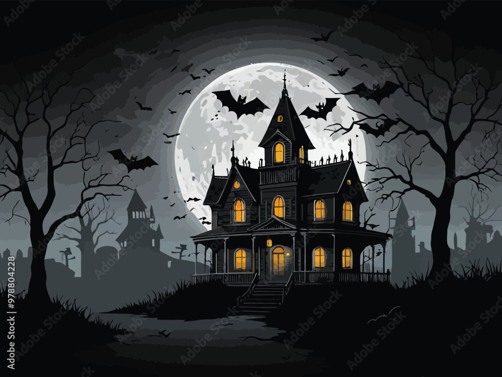 Fototapeta premium Halloween best hunted house graphic with mid night forest horror illustration