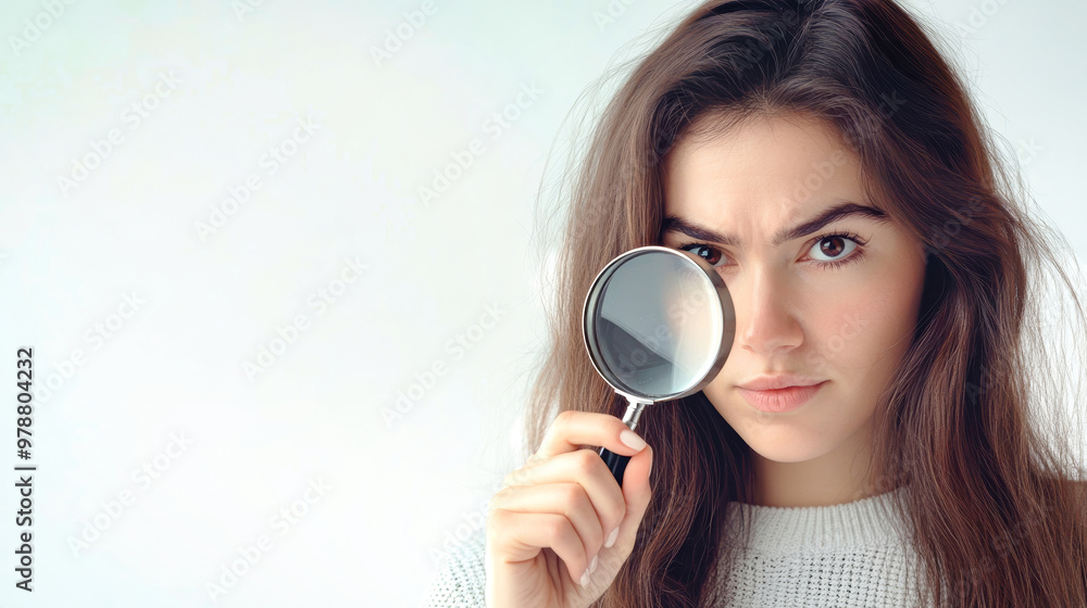 A woman engages deeply with her curiosity, holding a magnifying glass and creating an intriguing focal point against a clean white backdrop A woman engages deeply with her curiosity, holding a magnifying glass and creating an intriguing focal point against a clean white backdrop