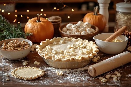 Cozy autumn baking scene with unbaked pumpkin pie and seasonal ingredients