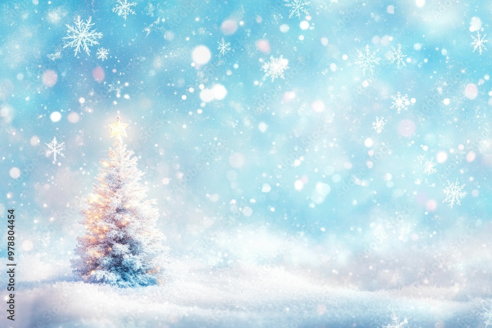 Winter scene with a snowy Christmas tree on a soft blue background filled with gentle snowflakes and bokeh effects, creating a cozy holiday atmosphere Winter scene with a snowy Christmas tree on a soft blue background filled with gentle snowflakes and bokeh effects, creating a cozy holiday atmosphere
