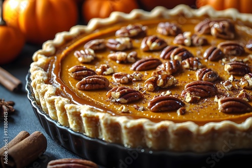 Delicious pumpkin pie with pecans perfect for autumn celebrations