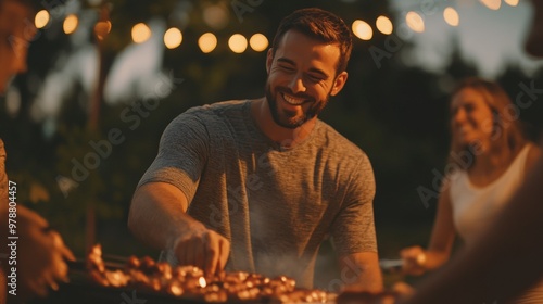 Joyful backyard barbecue gathering with friends at sunset