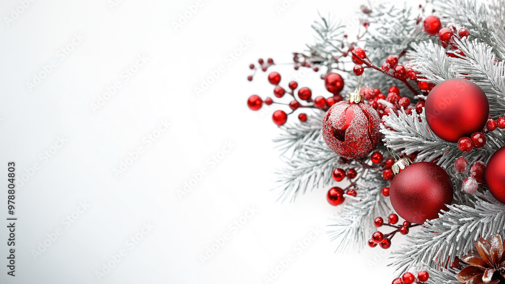 Fototapeta premium white christmas background with red balls and berries