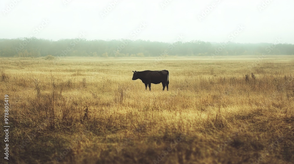 Lone cow in misty meadow: tranquil pastoral scene amid golden grass Lone cow in misty meadow: tranquil pastoral scene amid golden grass