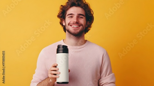 Cheerful Millennial Holding Customized Thermos Mockup in Photo Studio