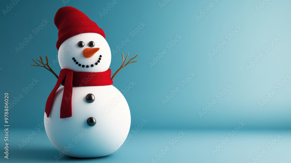 A cheerful snowman with button eyes and bright red scarf stands against blue background A cheerful snowman with button eyes and bright red scarf stands against blue background