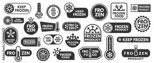 Black frozen product stickers. Monochrome meat and fish labels with temperature icons, frozen food packaging badges. Vector isolated set.eps