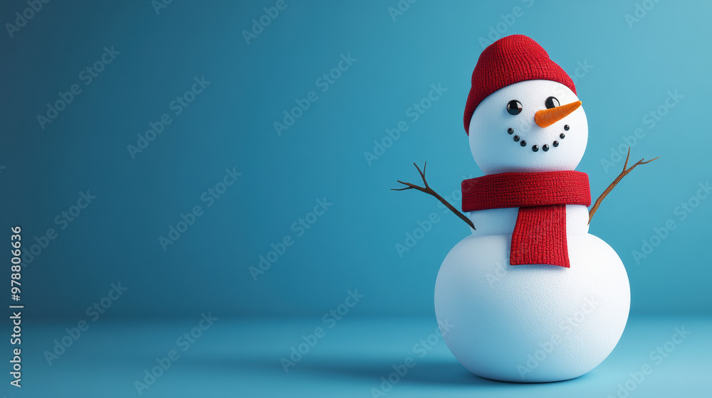 A cheerful snowman with button eyes and red scarf stands against blue background A cheerful snowman with button eyes and red scarf stands against blue background