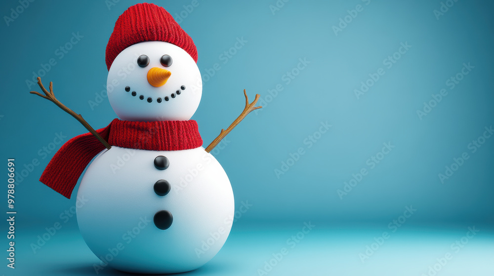 A cheerful snowman with button eyes and red scarf stands against blue background A cheerful snowman with button eyes and red scarf stands against blue background