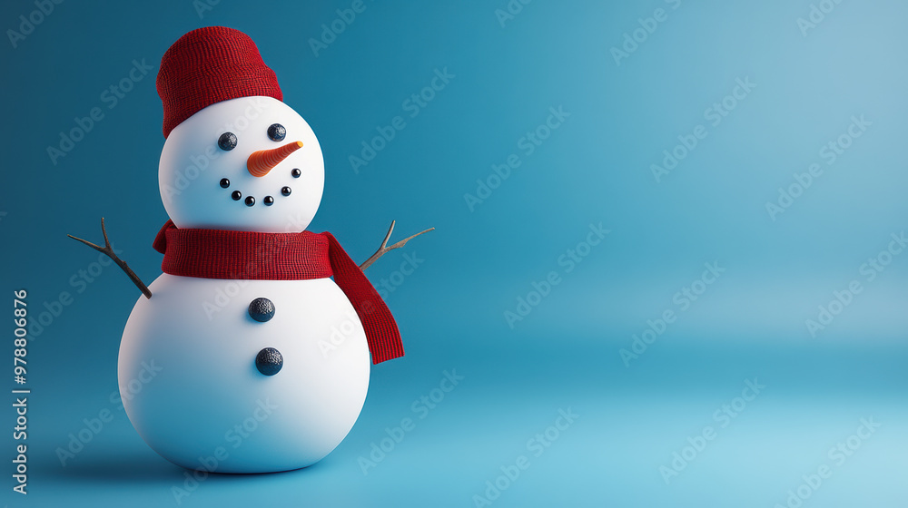 A cheerful snowman with button eyes and red scarf stands against blue background A cheerful snowman with button eyes and red scarf stands against blue background