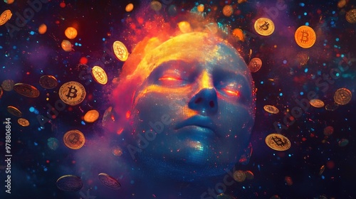 A digital artwork featuring a human face immersed in glowing particles, with floating Bitcoin coins surrounding the scene,