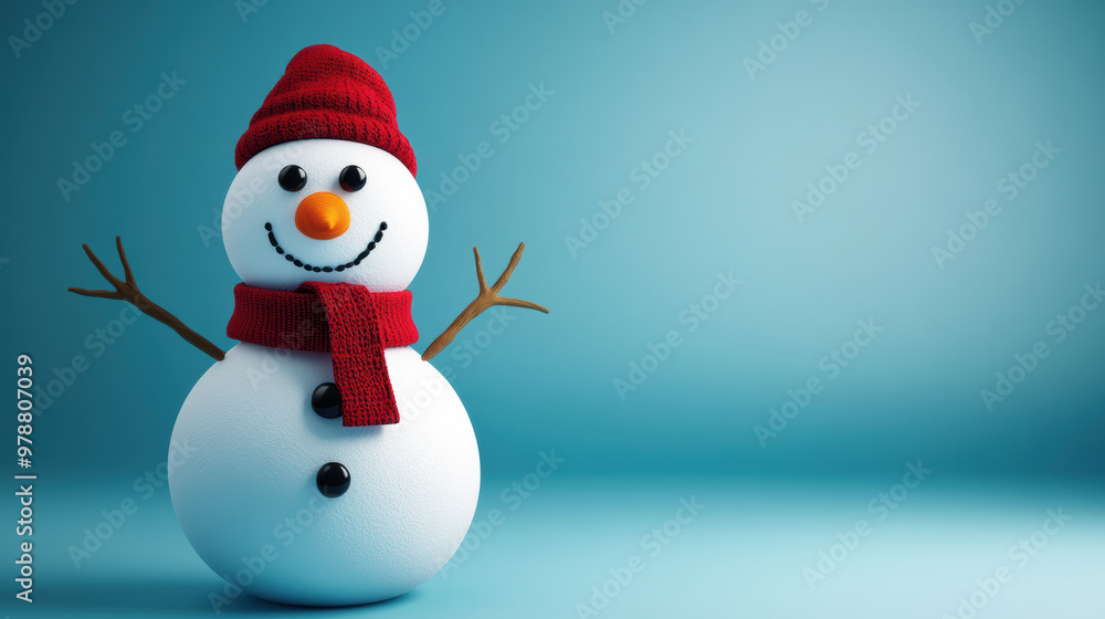 A cheerful snowman with button eyes and red hat stands against blue background A cheerful snowman with button eyes and red hat stands against blue background