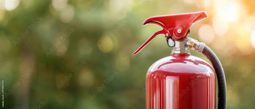 Obraz premium A close-up of a red fire extinguisher in nature. Essential safety equipment for fire prevention and emergency response.