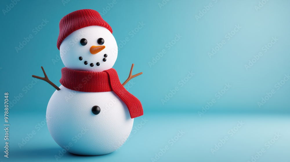 Snowman with button eyes, wearing red hat and scarf, cheerful and festive Snowman with button eyes, wearing red hat and scarf, cheerful and festive