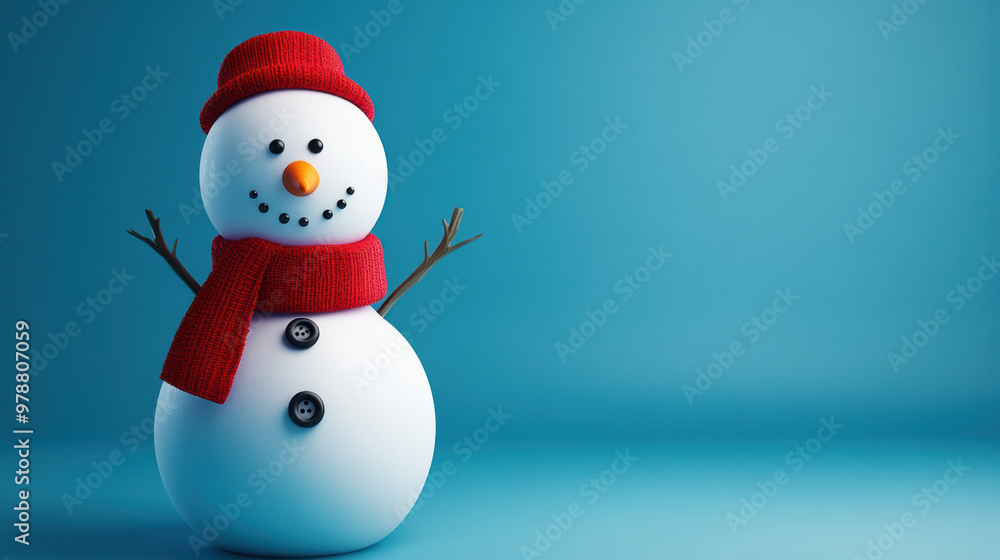A cheerful snowman with button eyes and red scarf stands against blue background A cheerful snowman with button eyes and red scarf stands against blue background