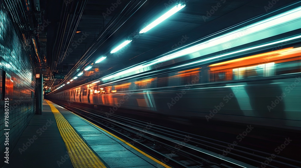 A dim urban subway station, featuring a blurred moving train and an empty platform, bathed in soft warm and cool lighting, A dim urban subway station, featuring a blurred moving train and an empty platform, bathed in soft warm and cool lighting,