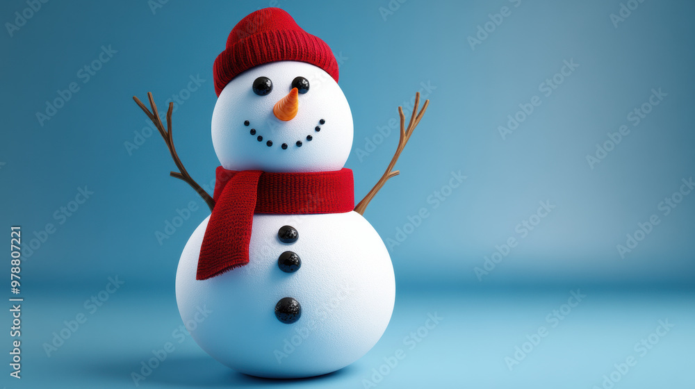 Snowman with button eyes, red scarf, and cheerful expression Snowman with button eyes, red scarf, and cheerful expression