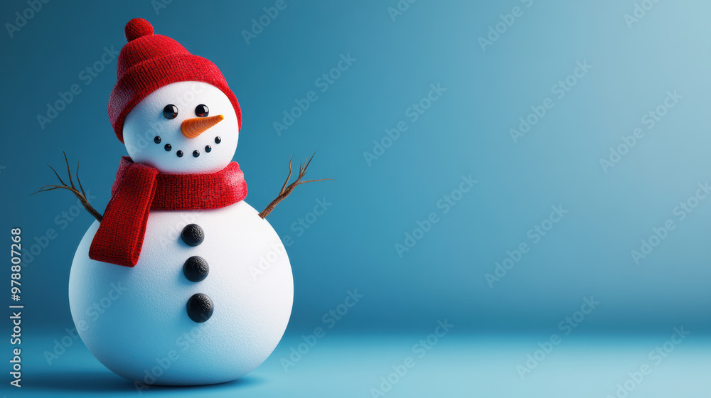 A cheerful snowman with button eyes and red scarf stands against blue background A cheerful snowman with button eyes and red scarf stands against blue background