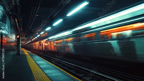 A dim urban subway station, featuring a blurred moving train and an empty platform, bathed in soft warm and cool lighting,