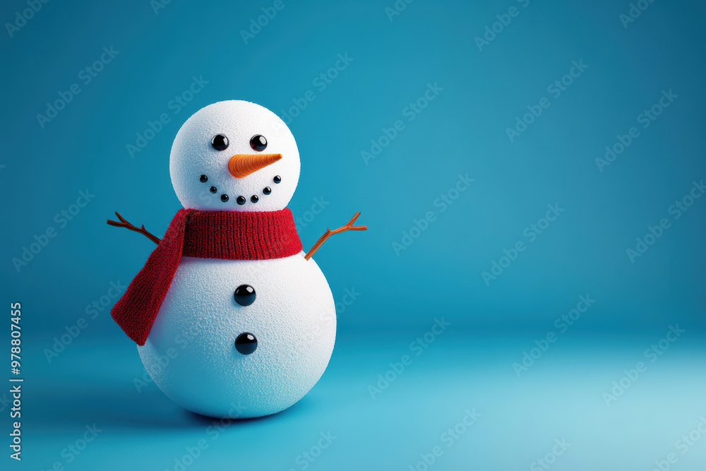 Snowman with button eyes and carrot nose, wearing red scarf, smiles cheerfully Snowman with button eyes and carrot nose, wearing red scarf, smiles cheerfully