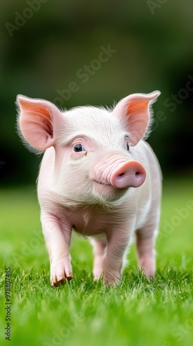 A cute pig walking in a green field, showcasing its playful nature and adorable features, ideal for animal and farm-related themes.