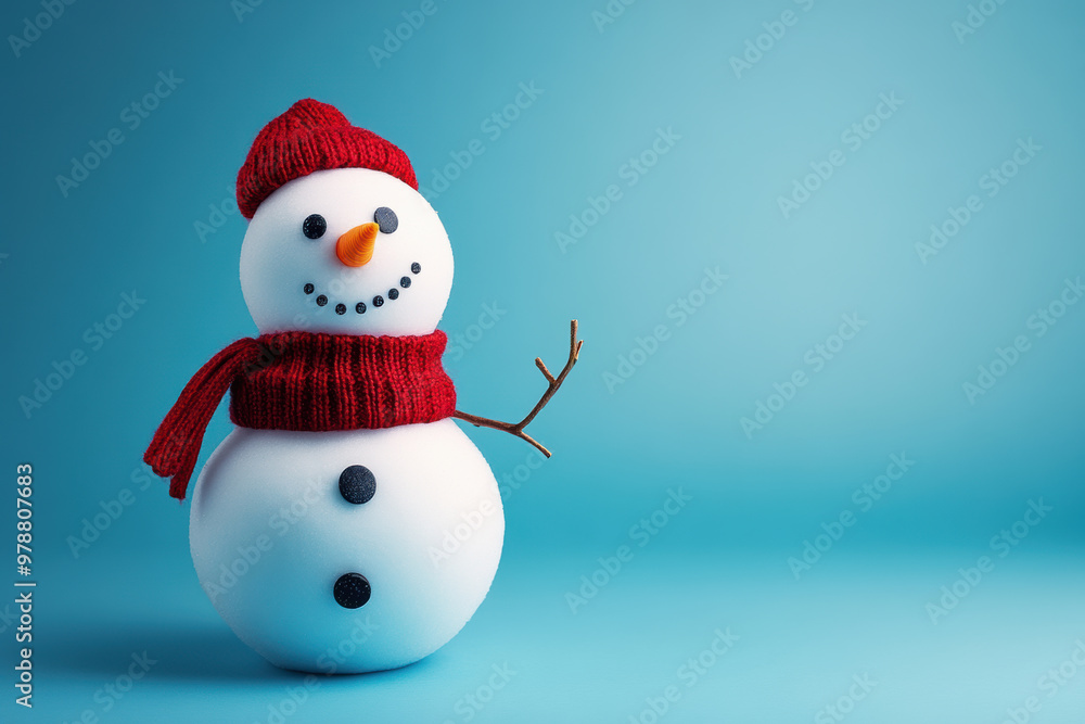 A cheerful snowman with button eyes and cozy scarf stands against blue background A cheerful snowman with button eyes and cozy scarf stands against blue background