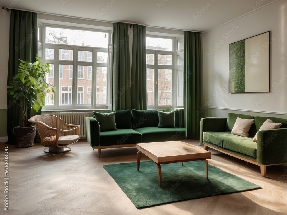 Green Living Room with a View, Two Sofas, and a Coffee Table Green Living Room with a View, Two Sofas, and a Coffee Table