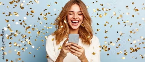 A joyful woman holding a smartphone, surrounded by sparkling confetti, celebrating a happy moment with excitement and smiles.