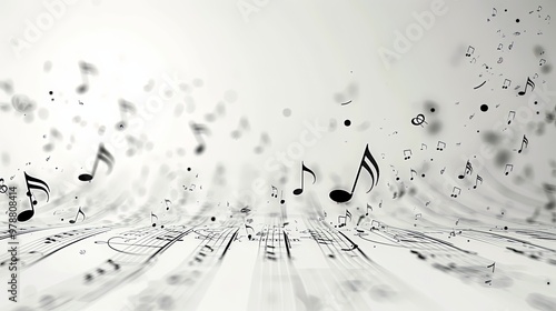 A monochromatic themed background featuring floating musical notes and symbols, creating a simplistic yet elegant visual that emphasizes musical purity and precision. photo