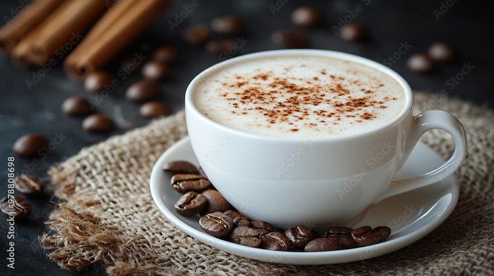Fototapeta premium Delicious Coffee with Milk in a White Ceramic Cup on a Saucer Roasted Coffee Beans Cinnamon on a Sacking background : Generative AI