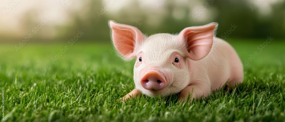 A playful piglet resting on lush green grass, capturing the essence of farm life and joy in nature. A playful piglet resting on lush green grass, capturing the essence of farm life and joy in nature.