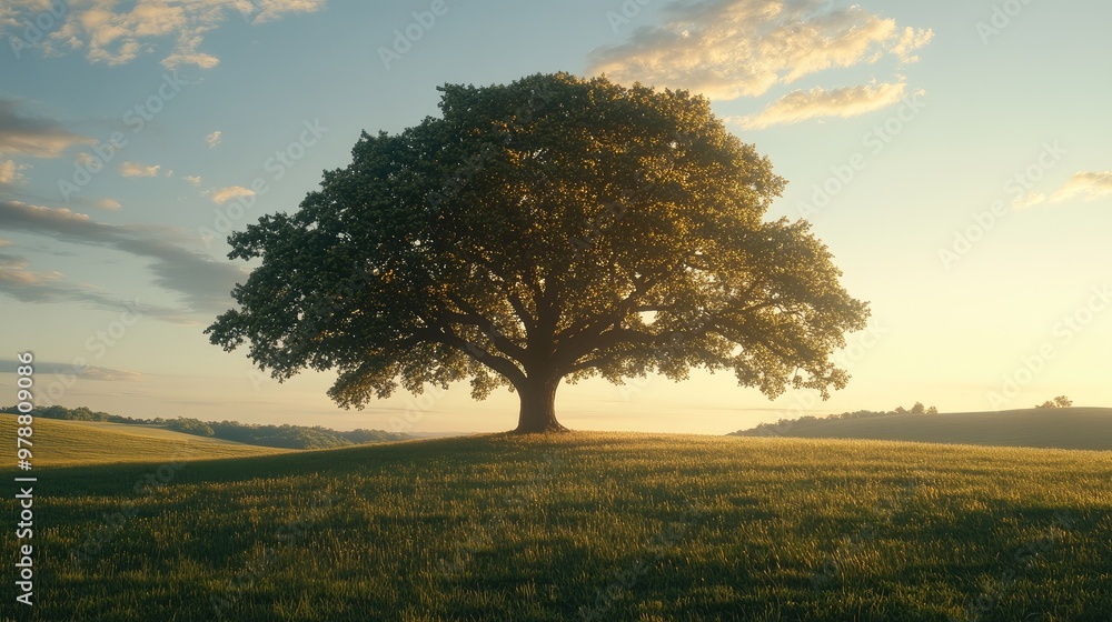 Fototapeta premium A large tree in an open field at twilight, casting soft shadows under the fading light. Focus on the treeas silhouette and light. No people.