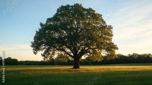 A large tree in an open field at twilight, casting soft shadows under the fading light. Focus on the treeas silhouette and light. No people. photo