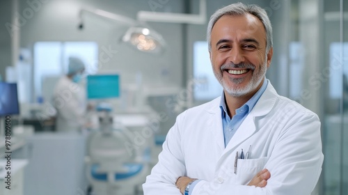 A smiling male dentist in a white coat stands confidently in a modern dental clinic, promoting a welcoming atmosphere for patients.