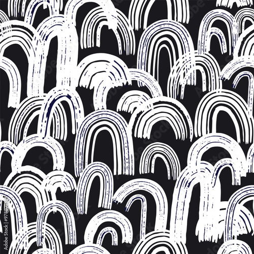 Artistic seamless pattern with abstract hand drawn rainbows drawn with ink. Monochrome rainbow texture.Trendy creative vector background.