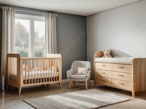 Modern Nursery with Wooden Crib, Changing Table, and Armchair