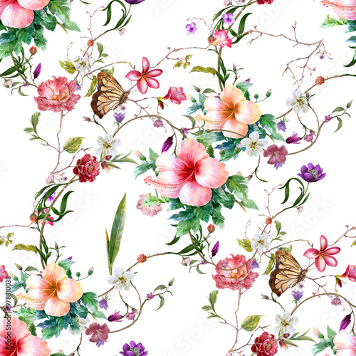  Beautiful seamless pattern  painting wiht flower, botany. print for fabric, textile, packaging , on transparent  background