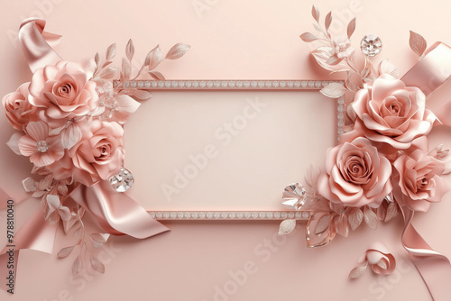 Elegant quinceañera card design with 3D pink roses, ribbons, and sparkling gemstones