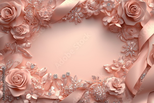 Elegant quinceañera card design with 3D pink roses, ribbons, and sparkling gemstones