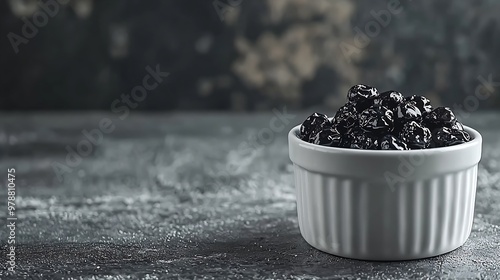 Black Raisins in a White Ceramic Bowl : Generative AI