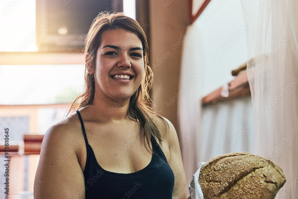 Bakery, bread and portrait of woman in store for small business, entrepreneur and restaurant. Coffee shop manager, barista and waitress with person in cafe for food service, server and hospitality Bakery, bread and portrait of woman in store for small business, entrepreneur and restaurant. Coffee shop manager, barista and waitress with person in cafe for food service, server and hospitality