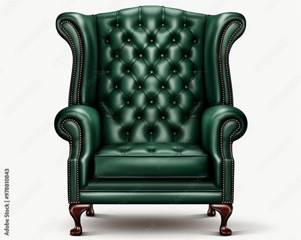 Elegant green leather armchair with tufted design and dark wooden legs for stylish interiors Elegant green leather armchair with tufted design and dark wooden legs for stylish interiors