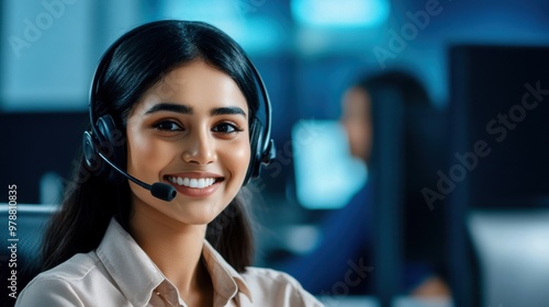 Cheerful customer service agent smiling while wearing a headset in a modern office environment, ready to assist clients.