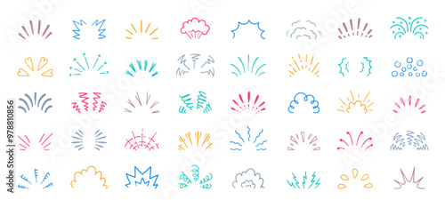 Doodle shine sunburst. Abstract retro sun rays elements with sparkle, decorative hand drawn sunburst for background design. Vector isolated set.eps