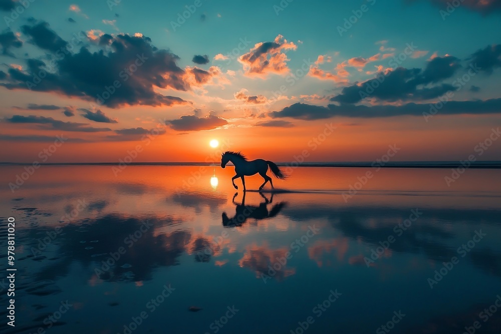 Fototapeta premium Majestic horse silhouette against vibrant sunset on tranquil beach