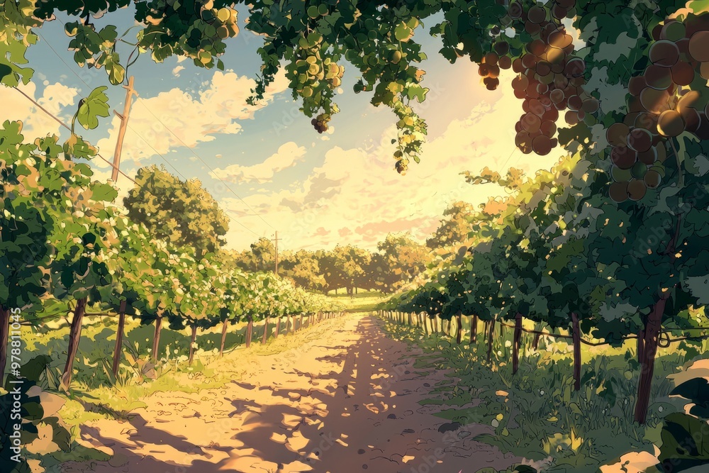 Fototapeta premium A Peaceful Orchard With Rows Of Grapevines And Apple Trees, Warm Sunlight Casting A Gentle Glow, And A Cozy Vibe. Cozy Vibe, Generative AI