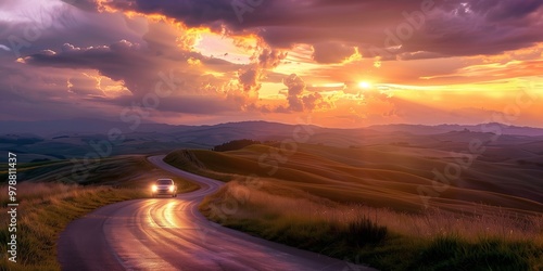 Wallpaper Mural A curvy road winds through the mountains in sunset Torontodigital.ca